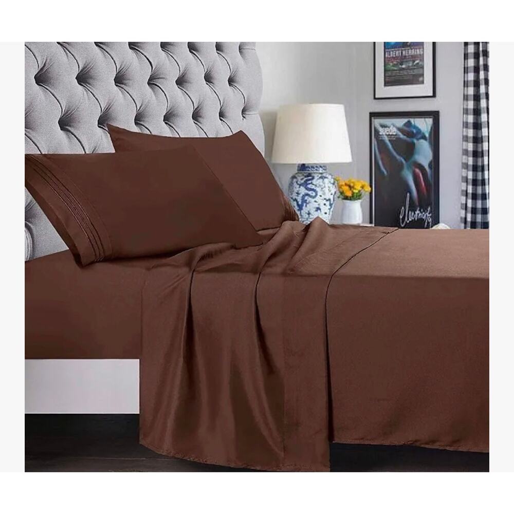 4 Piece King Size Sheet Set Luxury Sateen Chocolate Brown Bedding New